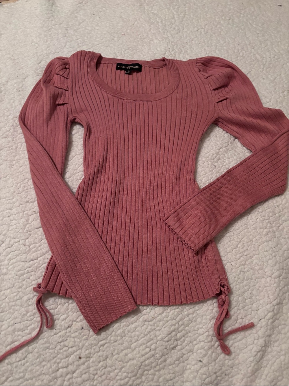 Almost Famous Mauve Pink Ribbed Puff-Sleeve Long Sleeve Top